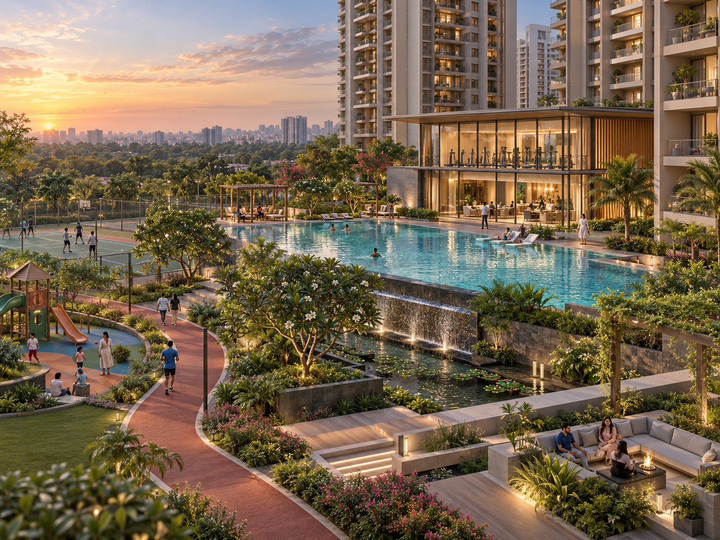 Nikoo 9 landscaped pool, clubhouse and residential towers