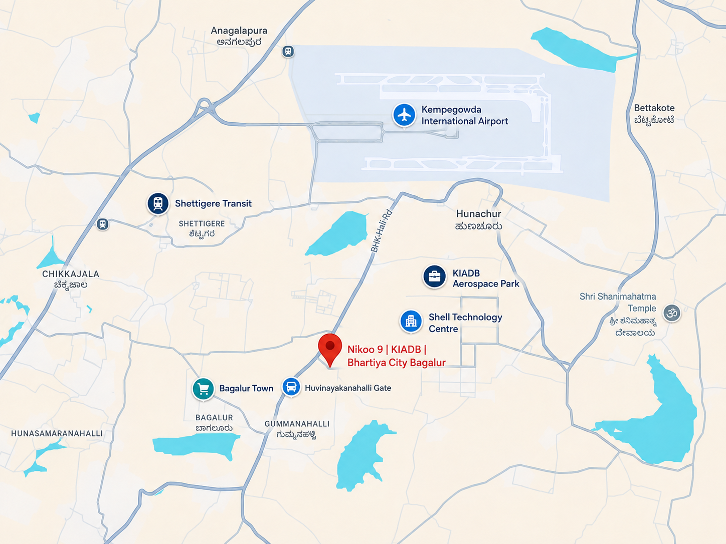 Nikoo 9 location map near KIADB Aerospace Park, Bagalur and Kempegowda International Airport